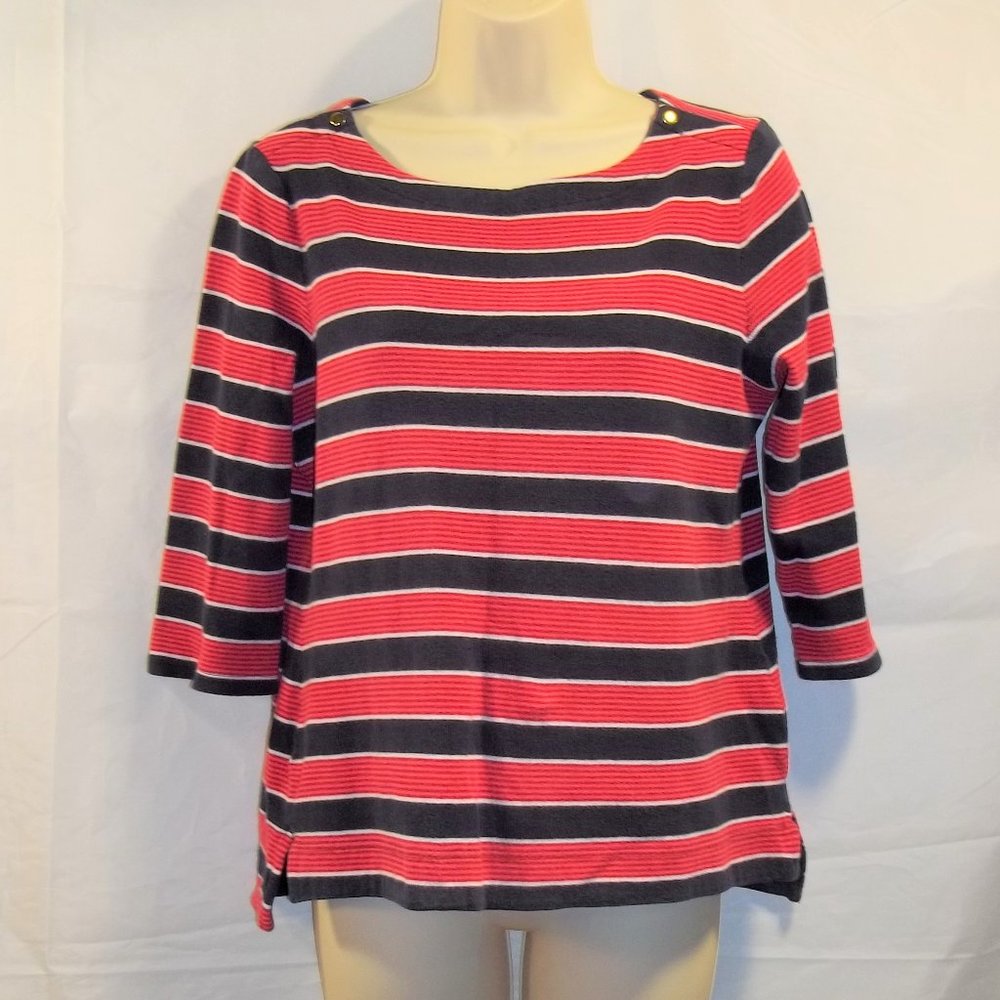 Croft & Barrow Womens Top Blouse Size PM 3/4 Sleeves Snaps Striped Red Blue